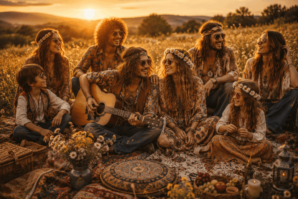 Groupe d’adultes et d’enfants en tenues hippie années 60-70 réunis dans une prairie au coucher du soleil, avec guitare, lunettes rondes, fleurs dans les cheveux, robes flower power et ambiance familiale Woodstock.