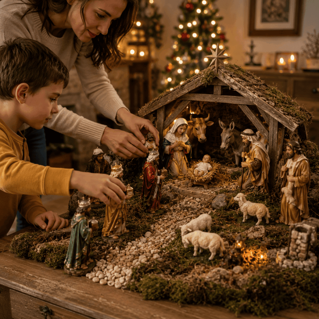 Une mère et un enfant installent les personnages de la Nativité dans une crèche de Noël familiale, avec la Sainte Famille au centre, les bergers, les animaux et les Rois mages disposés harmonieusement.