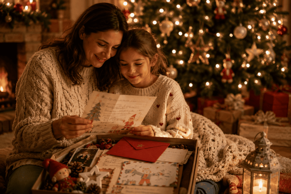 Parent et enfant assis près d’un sapin illuminé, regardant une ancienne lettre au Père Noël conservée dans une boîte à souvenirs avec une enveloppe rouge et des dessins d’enfant.