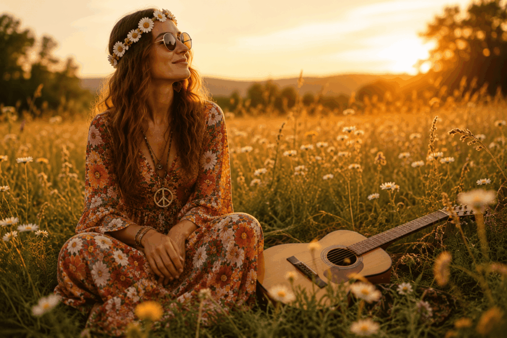 Femme adulte en robe hippie flower power, lunettes rondes et couronne de marguerites, assise dans une prairie au coucher du soleil avec une guitare acoustique à côté d’elle.