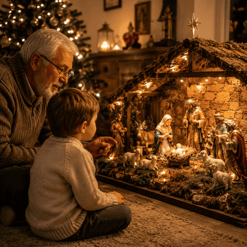 Grand-parent racontant l’histoire de la crèche de Noël à un enfant