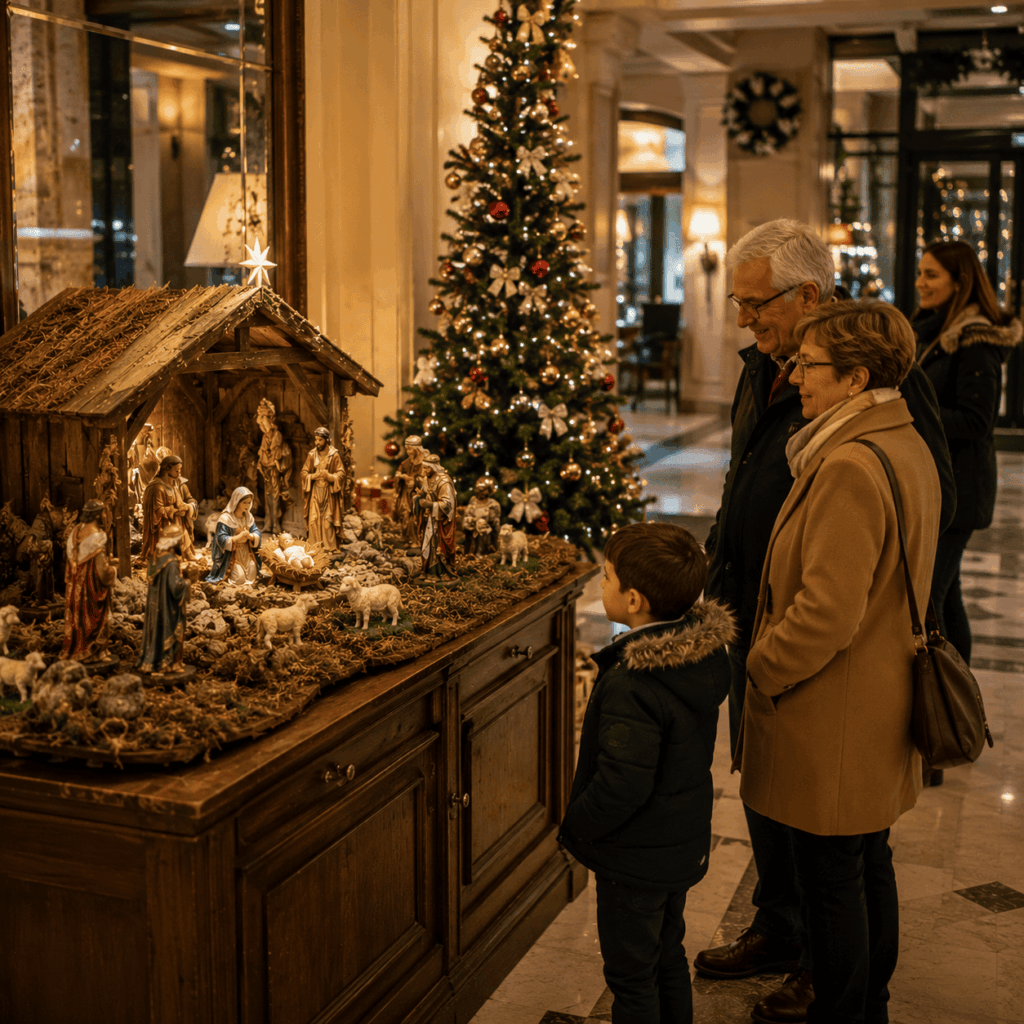 Une famille observe une grande crèche de Noël installée dans un hall chaleureux décoré pour les fêtes, avec sapin illuminé, personnages de la Nativité et ambiance élégante.