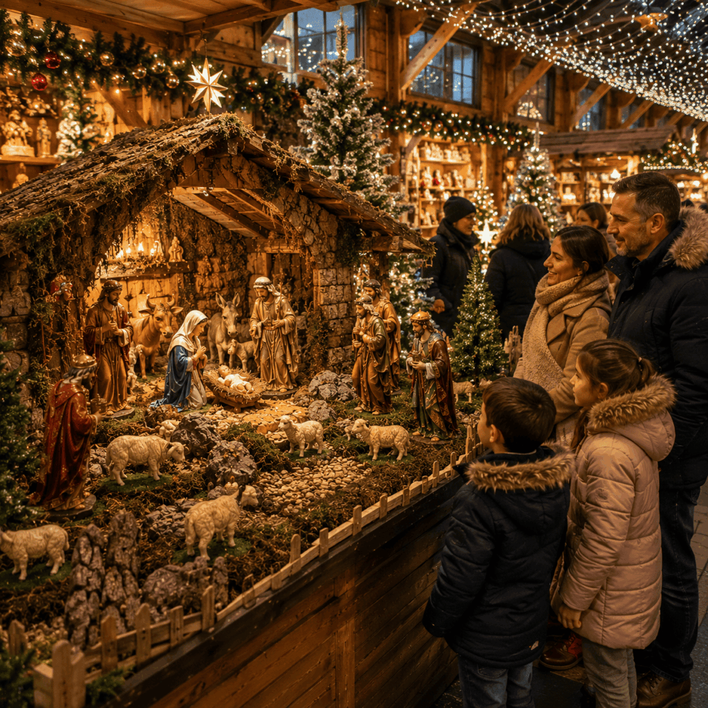 Des familles et visiteurs admirent une grande crèche de Noël installée dans un marché de Noël couvert, au cœur d’un décor chaleureux composé de sapins illuminés et de décorations traditionnelles.