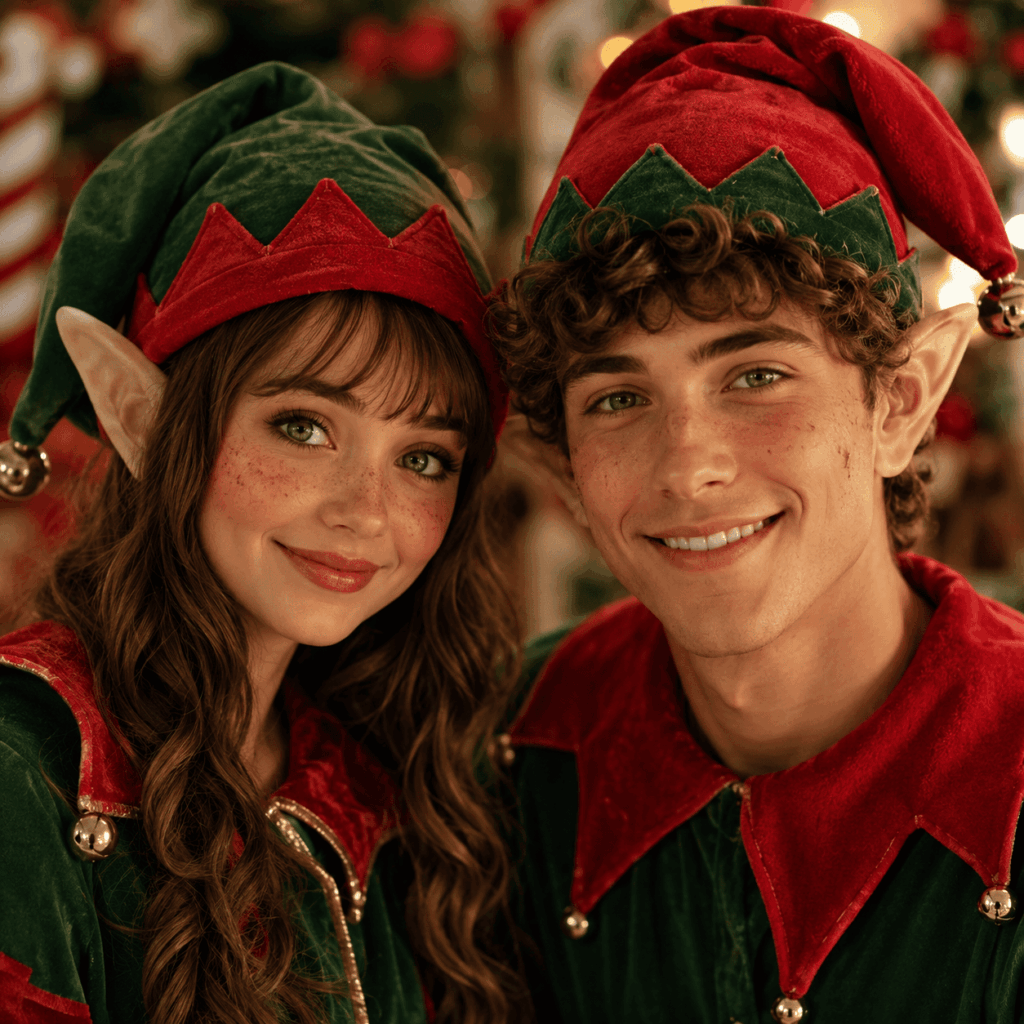 Deux lutins de Noël souriants avec bonnets, oreilles pointues et perruques