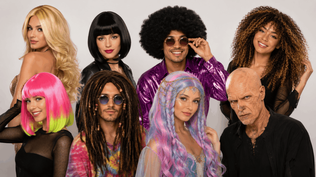 Groupe de modèles portant différentes familles de perruques de fête et de scène : longue glamour, carré court, afro disco, dreadlocks, fluo, tressée fantasy et effet chauve.
