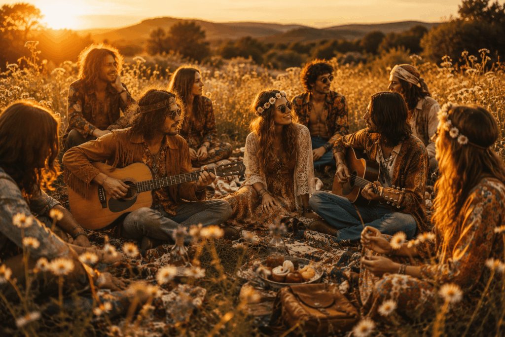 Groupe de jeunes adultes en tenues hippie années 60-70 assis dans une prairie fleurie au coucher du soleil, avec guitares, robes flower power, gilets à franges, lunettes rondes et ambiance Woodstock.