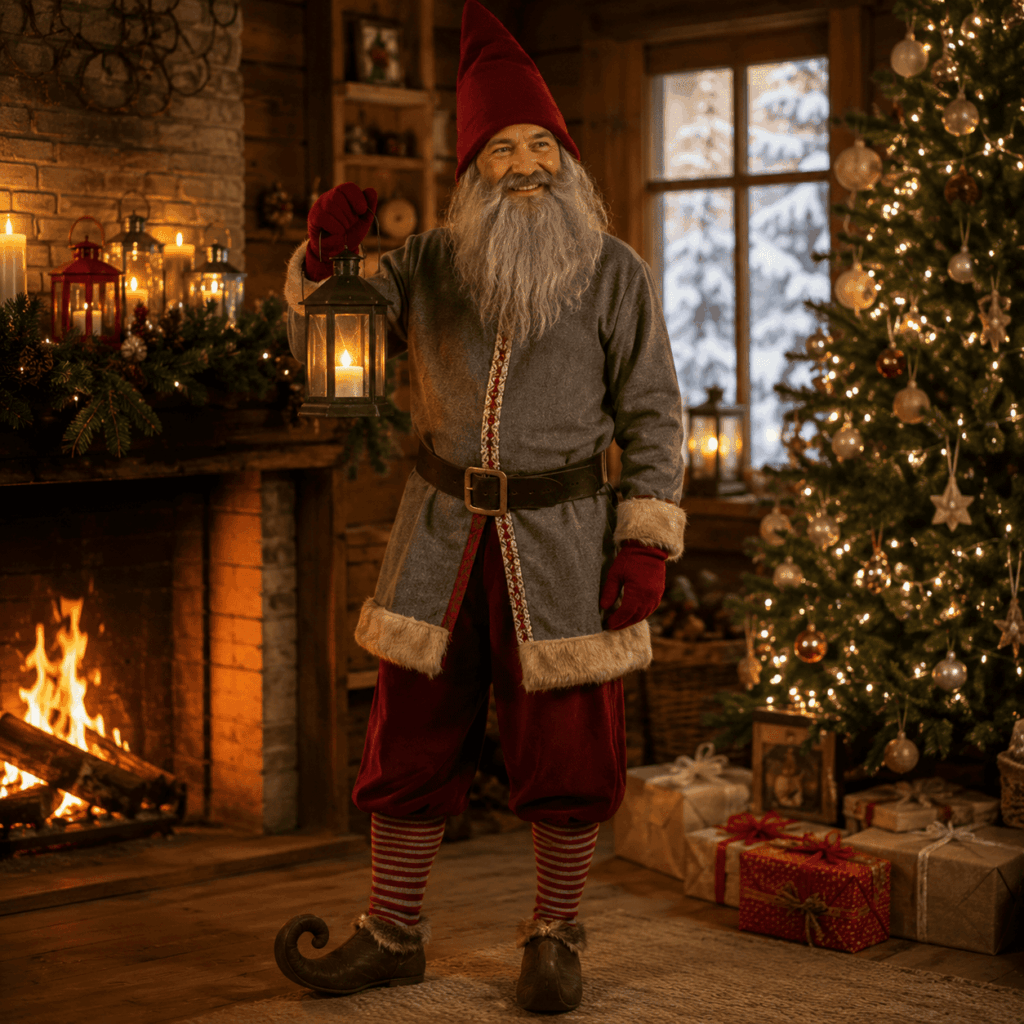 Un homme porte un déguisement de gnome scandinave avec grand bonnet rouge, longue barbe grise, tunique chaude et lanterne à la main. Il se tient dans un chalet décoré pour Noël, entre cheminée allumée, sapin lumineux et cadeaux, dans une ambiance cosy et féerique.