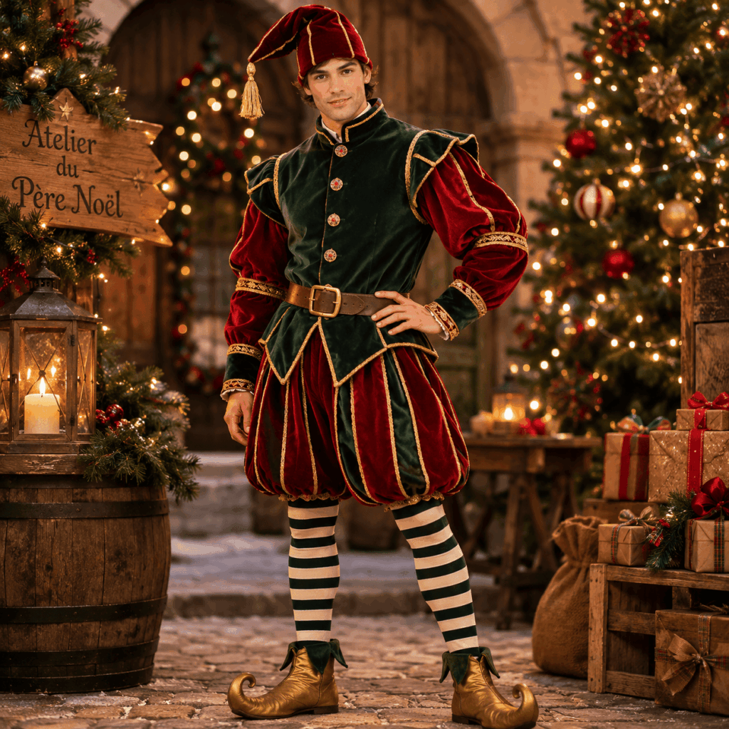 Un homme porte un costume de lutin Renaissance rouge, vert et doré, avec manches bouffantes, galons décoratifs, bonnet théâtral et chaussures pointues. Il pose dans un village de Noël élégant, entouré de sapins lumineux, lanternes, cadeaux et décor de fête premium.
