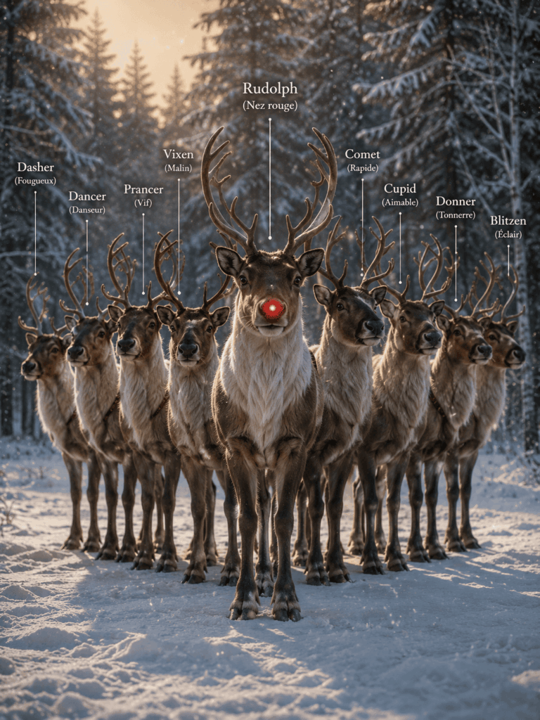 Les 9 rennes du Père Noël alignés dans une forêt enneigée avec Rudolph devant