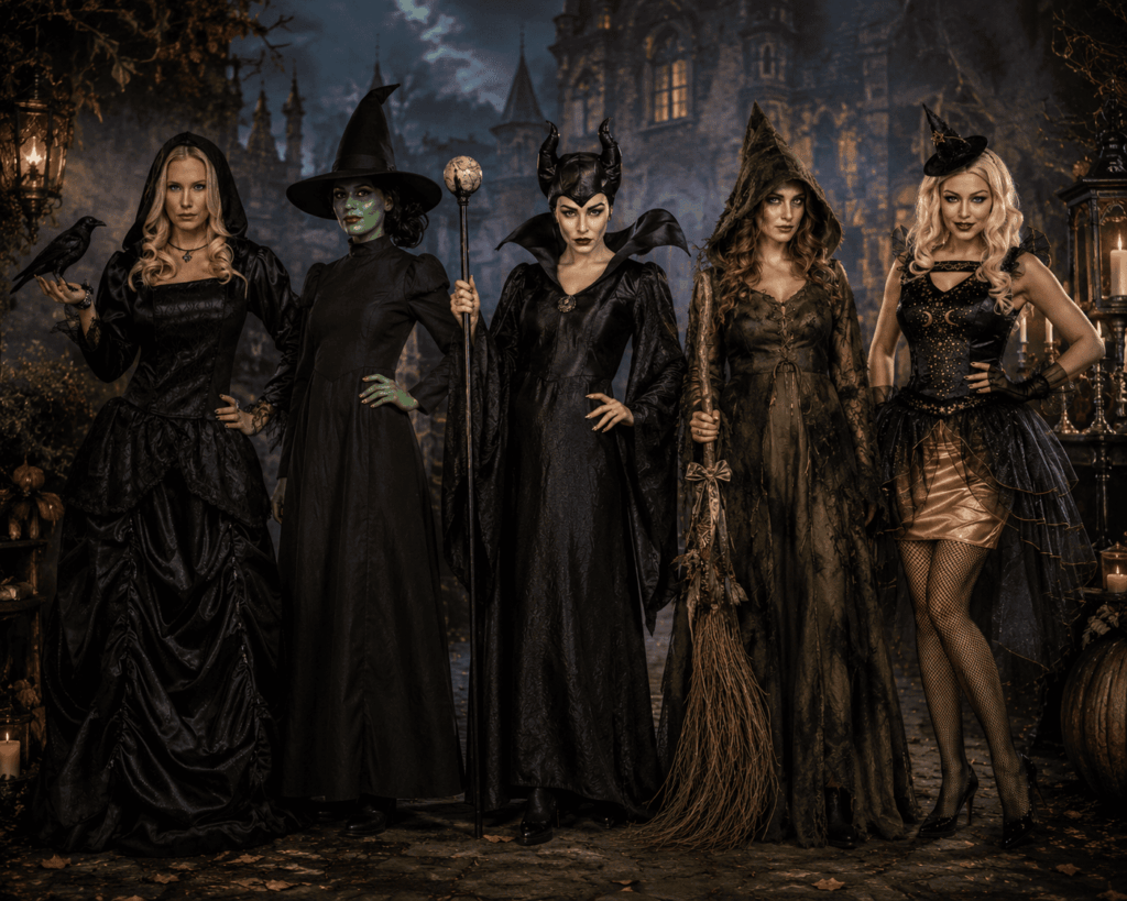Cinq styles de sorcières Halloween réunis dans une même scène : sorcière gothique, sorcière verte, sorcière maléfique, sorcière de forêt et sorcière glamour.