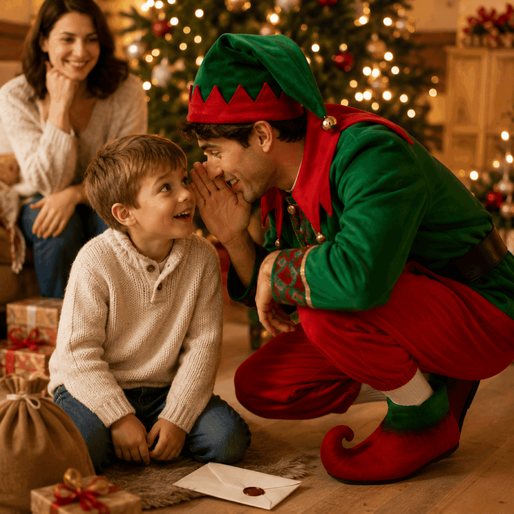 Un lutin de Noël accroupi chuchote un secret à un jeune enfant qui le regarde avec émerveillement, tandis qu’un parent sourit en arrière-plan. Dans un salon chaleureusement décoré avec un sapin illuminé, des cadeaux et une lettre cachetée du Père Noël, la scène illustre qu’un lutin réussi est avant tout un personnage qui crée des souvenirs et fait vivre la magie de Noël.