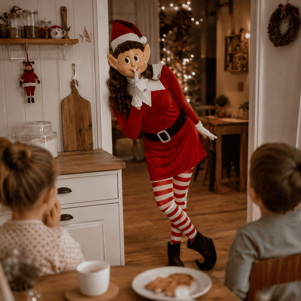 Un lutin farceur en costume rouge, collants rayés et masque d’elfe surgit dans une maison décorée pour Noël en faisant un geste malicieux, sous le regard émerveillé de deux enfants. L’ambiance chaleureuse, le sapin illuminé et les décorations créent une scène réaliste illustrant la tradition moderne du lutin farceur en famille.