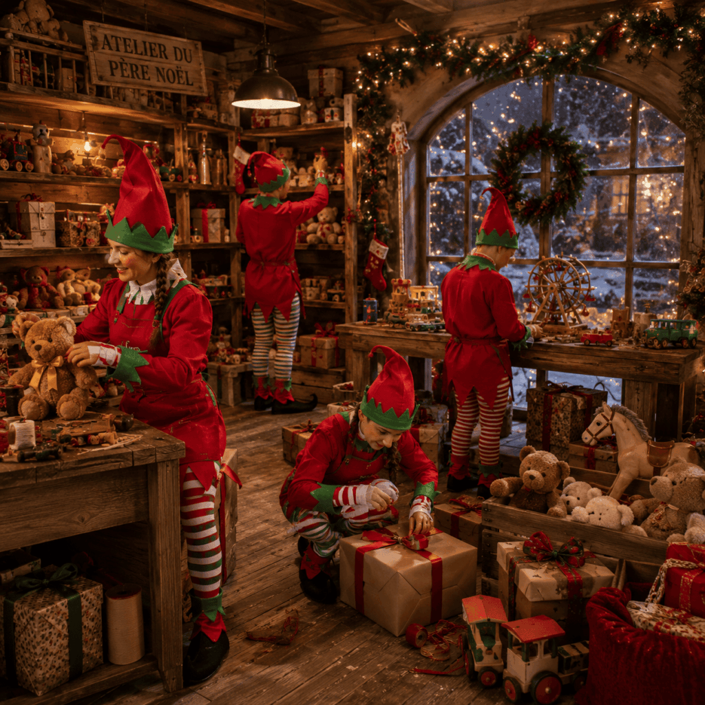 Plusieurs lutins en costumes rouges et verts s’activent dans un atelier chaleureux décoré pour Noël. Ils fabriquent des jouets, emballent des cadeaux et créent une scène vivante près d’une grande fenêtre enneigée.