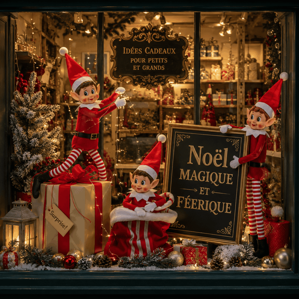 Trois lutins farceurs rouges et blancs animent une vitrine professionnelle de Noël avec cadeaux géants, guirlandes lumineuses, sapin décoré, boules dorées et décor féerique pour attirer le regard des passants.