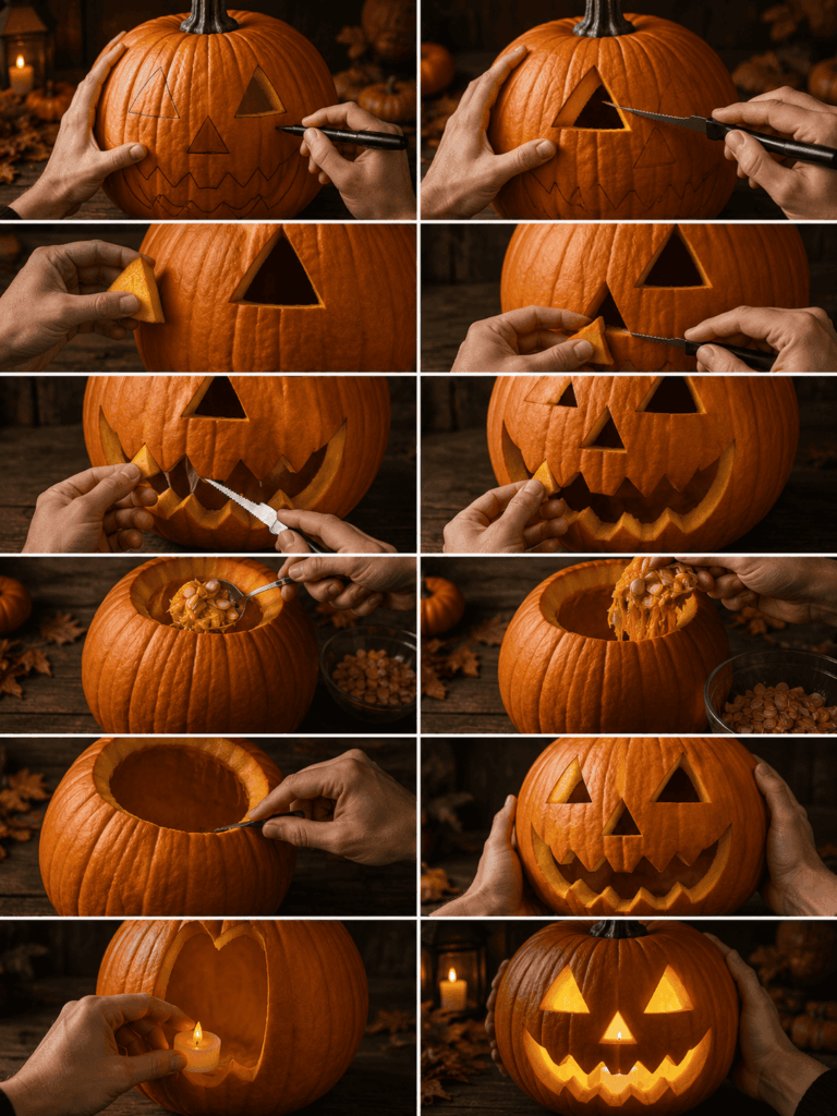 Mains sculptant une citrouille Halloween avec une petite scie de précision pour réaliser une Jack O’Lantern.