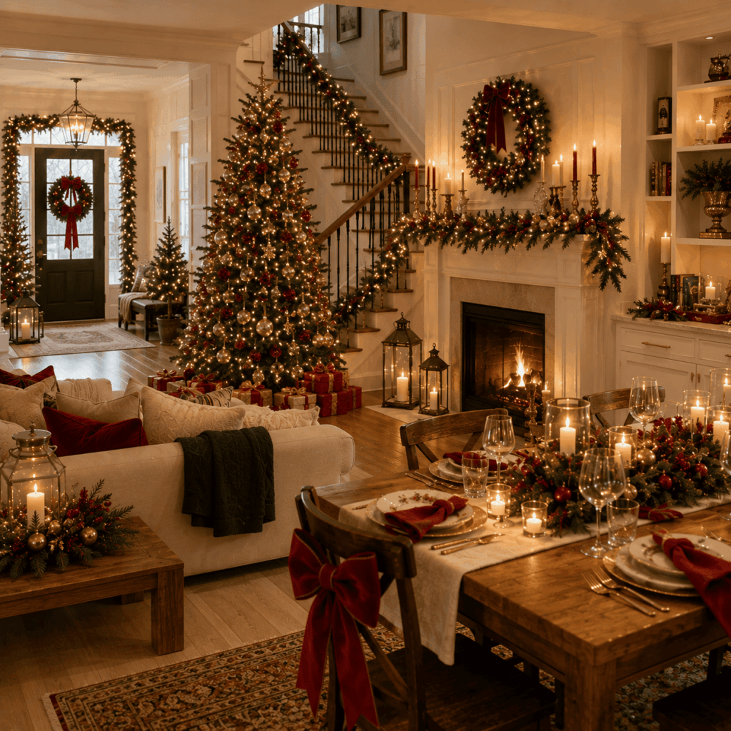 Grande pièce de vie décorée pour Noël avec un style harmonieux entre le salon, l’entrée, la cheminée, l’escalier et la table de fête. Couronnes, guirlandes lumineuses, sapin, bougies et nœud rouge créent une ambiance de Noël traditionnelle chaleureuse et cohérente dans toute la maison.