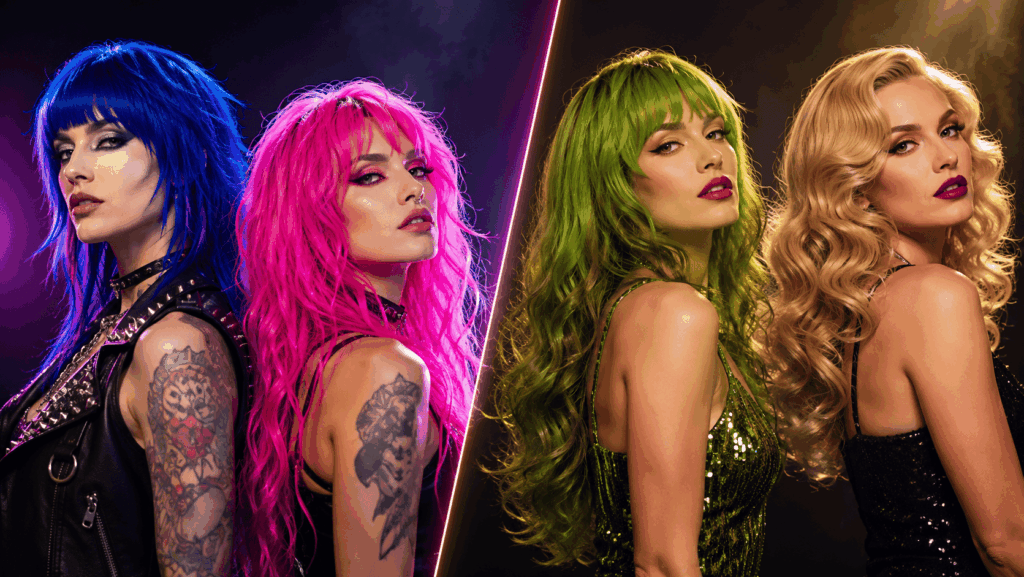 Comparatif visuel entre perruques Manic Panic colorées et perruques Fever glamour, avec quatre modèles portant des coiffures bleues, roses, vertes et blondes en studio.