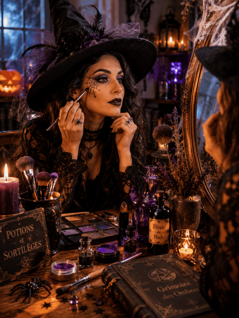 Femme déguisée en sorcière appliquant son maquillage Halloween devant un miroir ancien, entourée de palettes de fards, fioles, bougies, toile d’araignée et accessoires de potion.