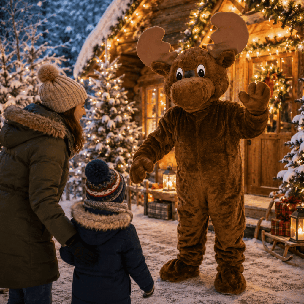 Une mascotte élan accueille un enfant et un parent devant un chalet de Noël illuminé, dans une ambiance de forêt enneigée chaleureuse et originale.