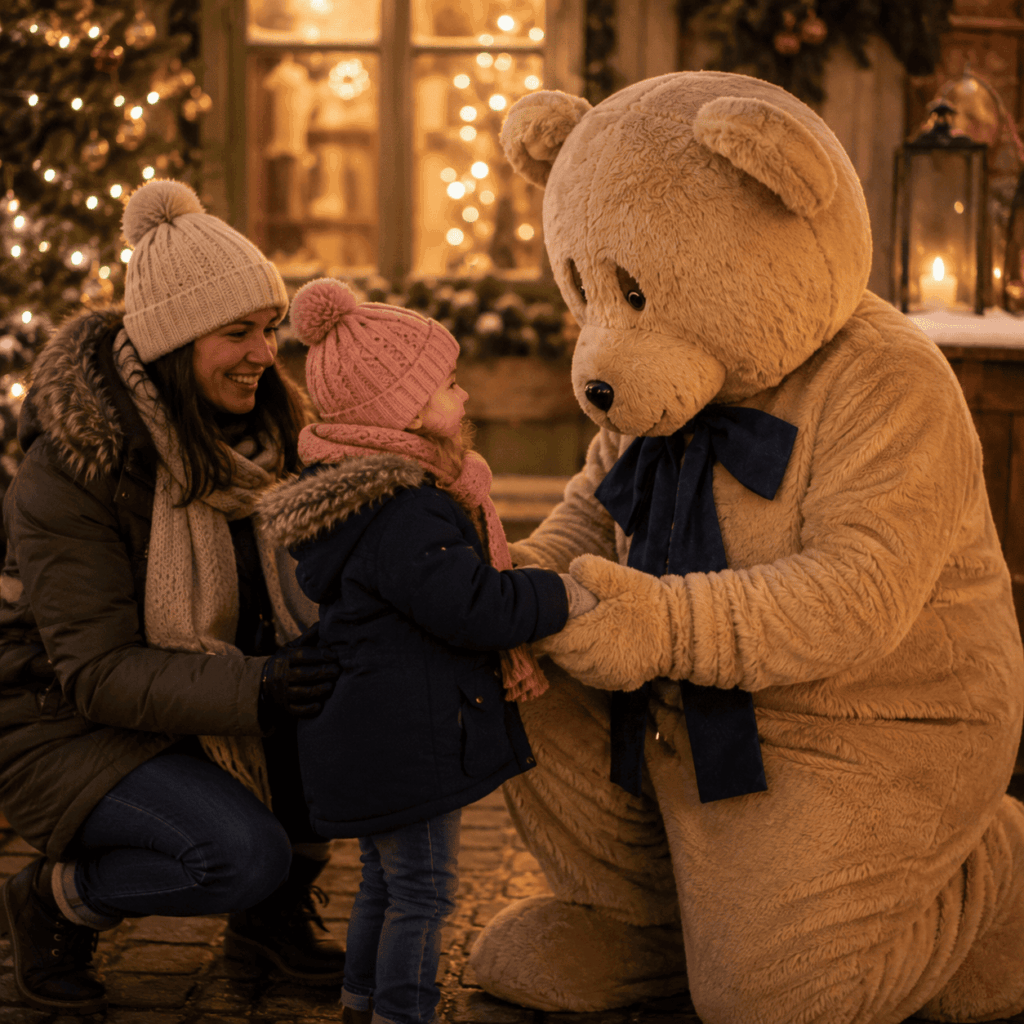 Une mascotte ours brun agenouillée échange un moment tendre avec une jeune enfant accompagnée de son parent dans un décor de Noël illuminé, créant une scène chaleureuse et pleine d’émotion.
