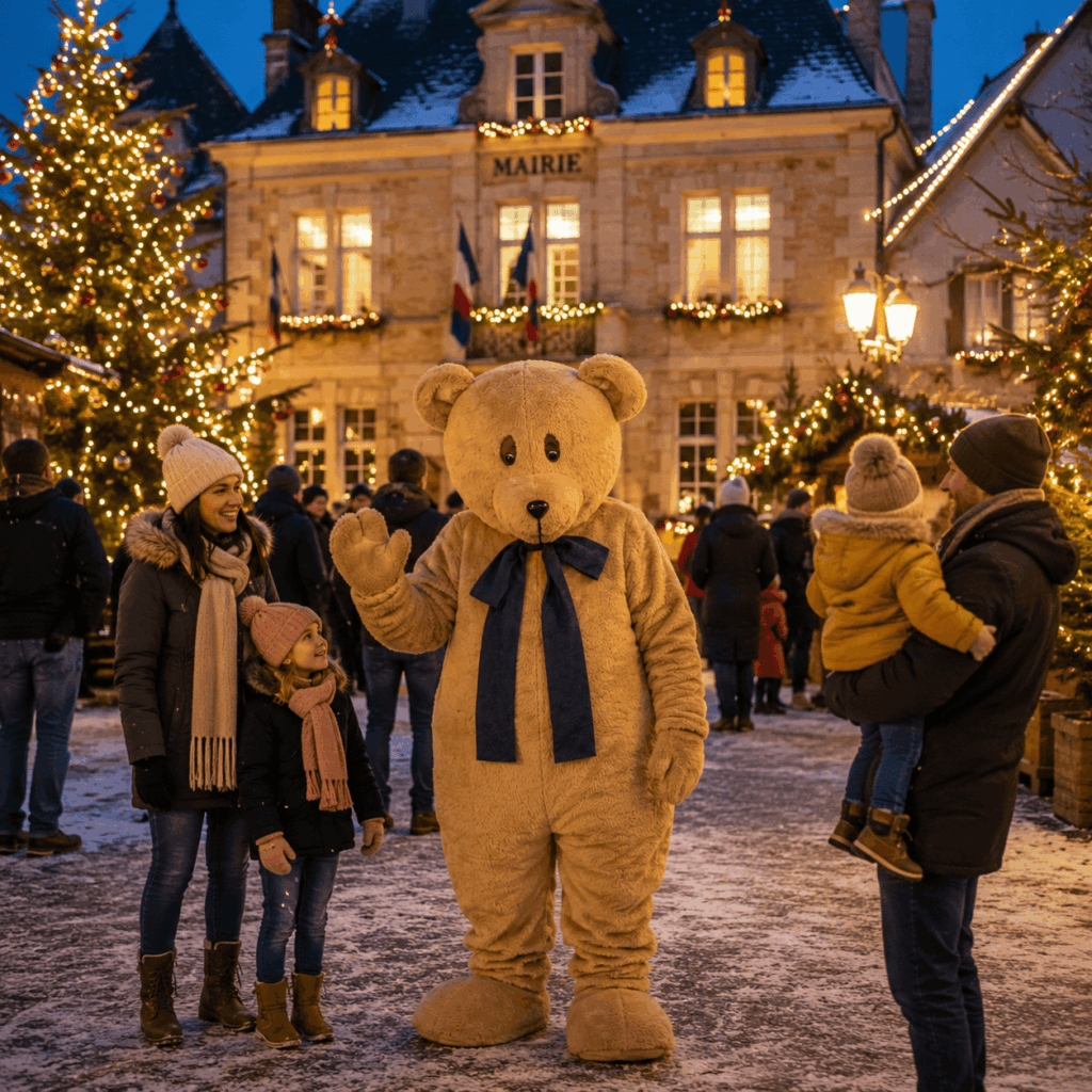 Une mascotte ours accueille les familles sur une place de village décorée pour Noël devant une mairie illuminée, entourée d’un grand sapin, de chalets et de visiteurs venus profiter des festivités.