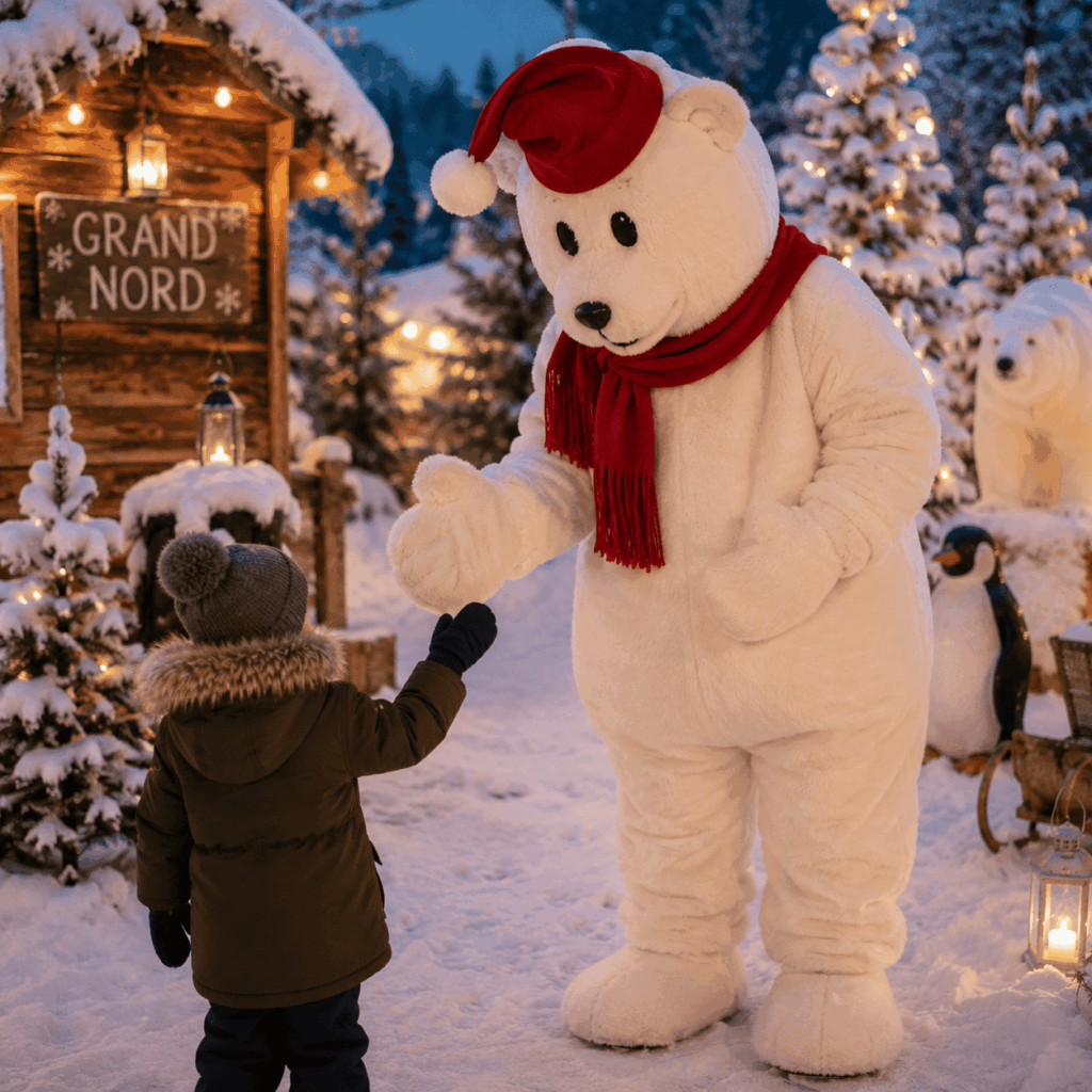 Une mascotte ours polaire de Noël accueille un enfant dans un décor enneigé inspiré du Grand Nord, avec sapins illuminés, lanternes et ambiance hivernale féerique.