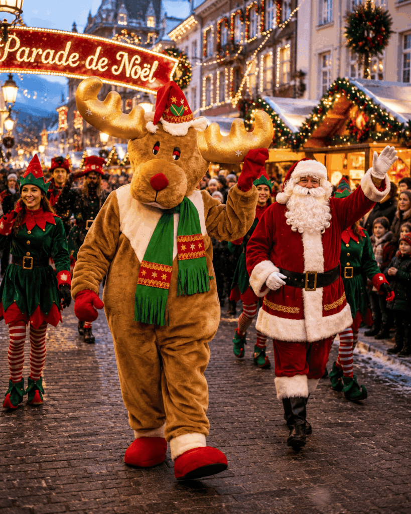 Mascotte renne participant à une parade de Noël aux côtés du Père Noël dans une rue décorée et illuminée pour les fêtes de fin d'année.