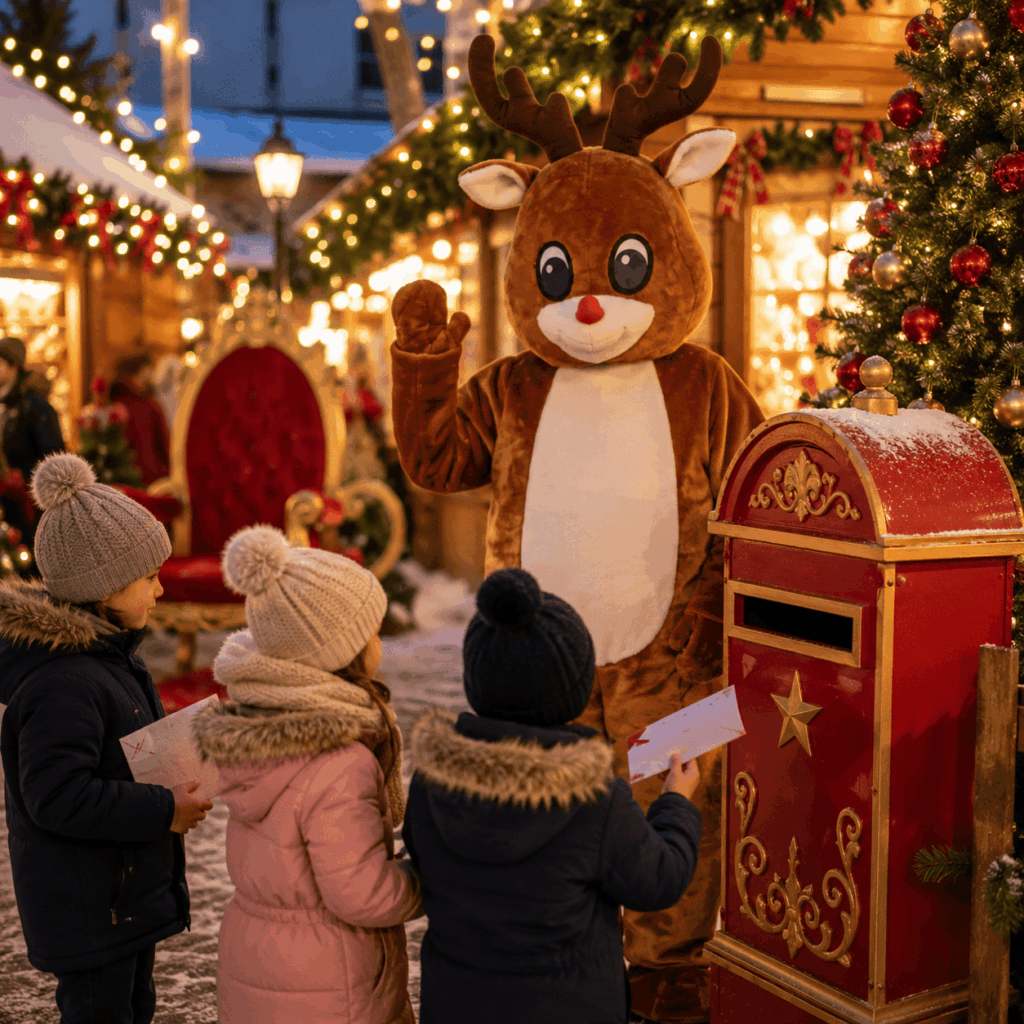 Une mascotte renne accueille les enfants devant une boîte aux lettres du Père Noël dans un village de Noël décoré et illuminé.