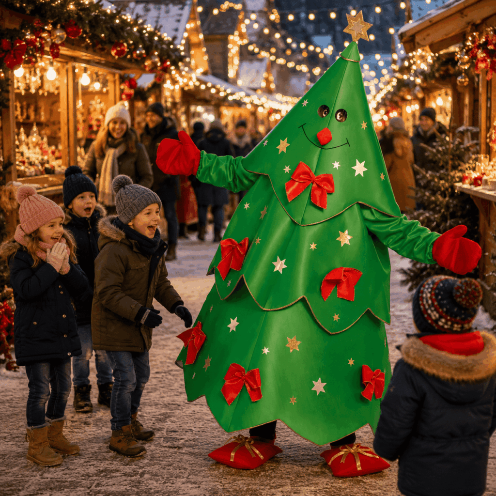 Une mascotte sapin de Noël amuse des enfants dans une allée de marché de Noël illuminée, entourée de chalets, guirlandes et décorations festives.