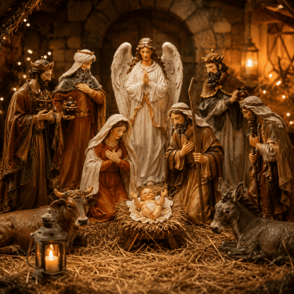 Scène de la Nativité représentant Marie, Joseph et l’Enfant Jésus dans une étable illuminée, entourés de l’ange, des Rois mages, des bergers et des animaux de la crèche de Noël.