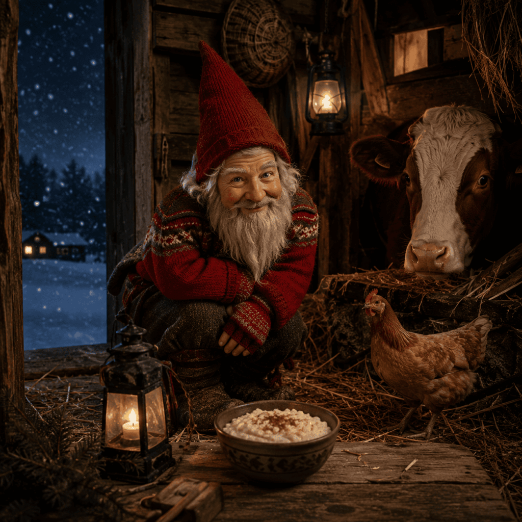 Un nisse scandinave souriant veille dans une étable en bois avec une vache et une poule, près d’un bol de porridge offert selon la tradition de Noël, sous la lumière chaude d’une lanterne et la neige en arrière-plan.