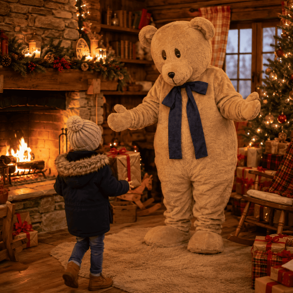 Une mascotte ours brun accueille un enfant portant un cadeau dans un chalet de Noël décoré, éclairé par un feu de cheminée et entouré de paquets cadeaux et de lumières festives.