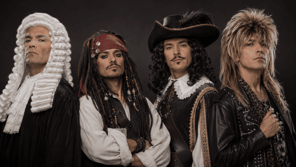Quatre hommes portant des perruques de personnages et métiers : juge à perruque blanche, pirate à dreadlocks, mousquetaire bouclé et rocker années 80.
