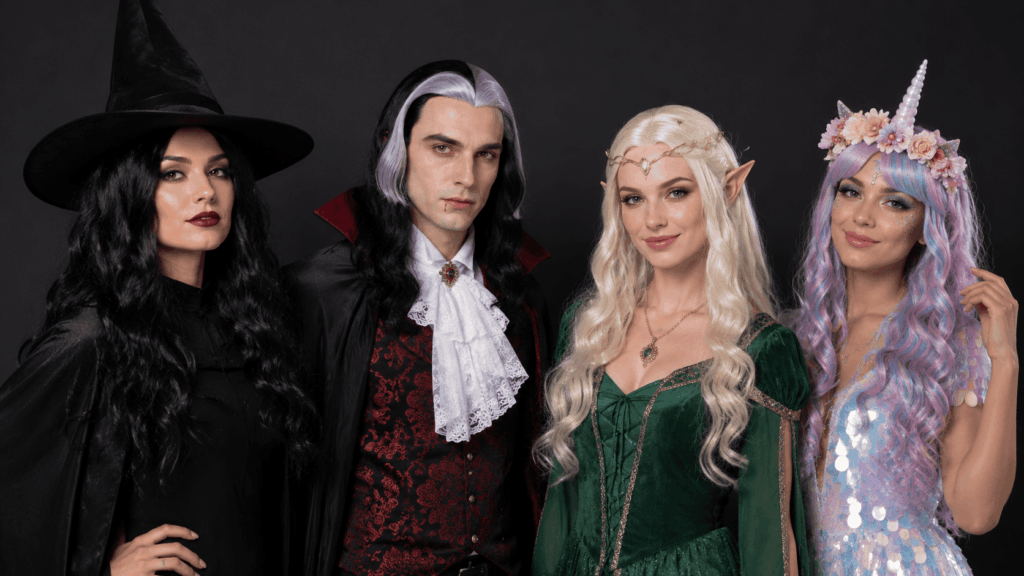 Quatre personnages portant des perruques fantastiques : sorcière aux cheveux noirs, vampire aux mèches argentées, elfe blonde et créature magique aux cheveux pastel.