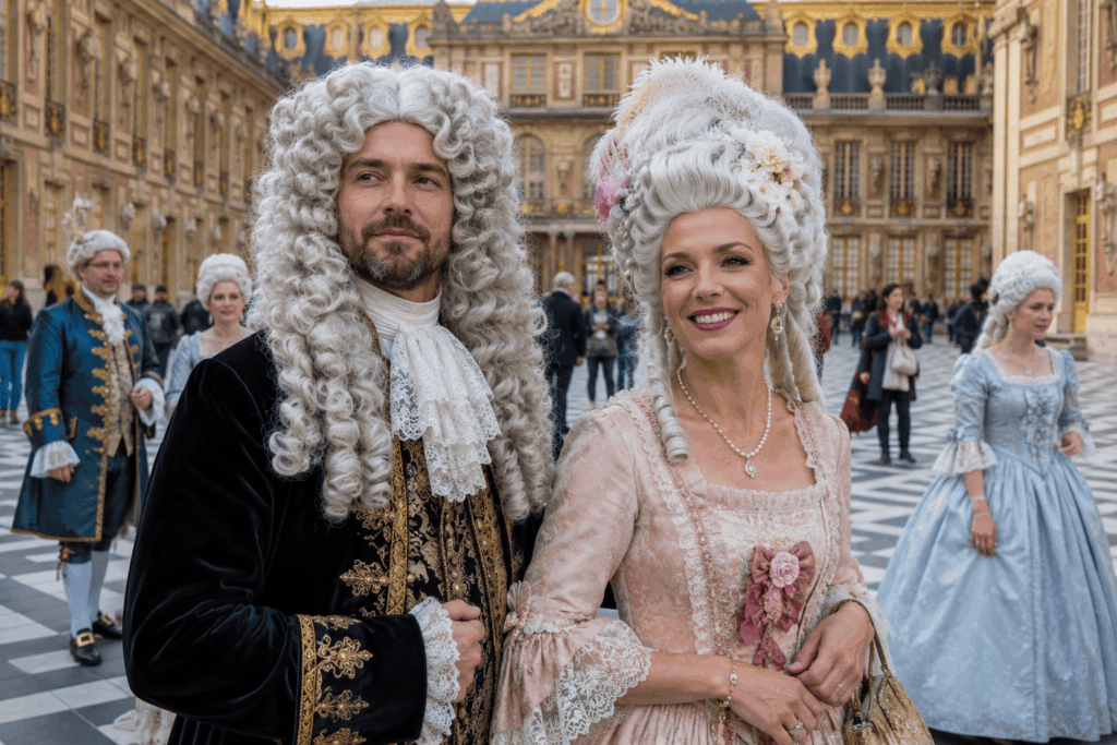 Couple en costumes d’époque portant des perruques baroques inspirées du XVIIIe siècle dans un décor évoquant le château de Versailles.