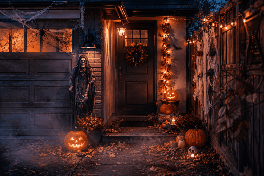 Une entrée de maison compacte décorée pour Halloween avec citrouilles sculptées, guirlandes lumineuses, toiles d’araignée, feuilles d’automne, brume au sol et petite silhouette effrayante, dans une ambiance chaleureuse et mystérieuse.