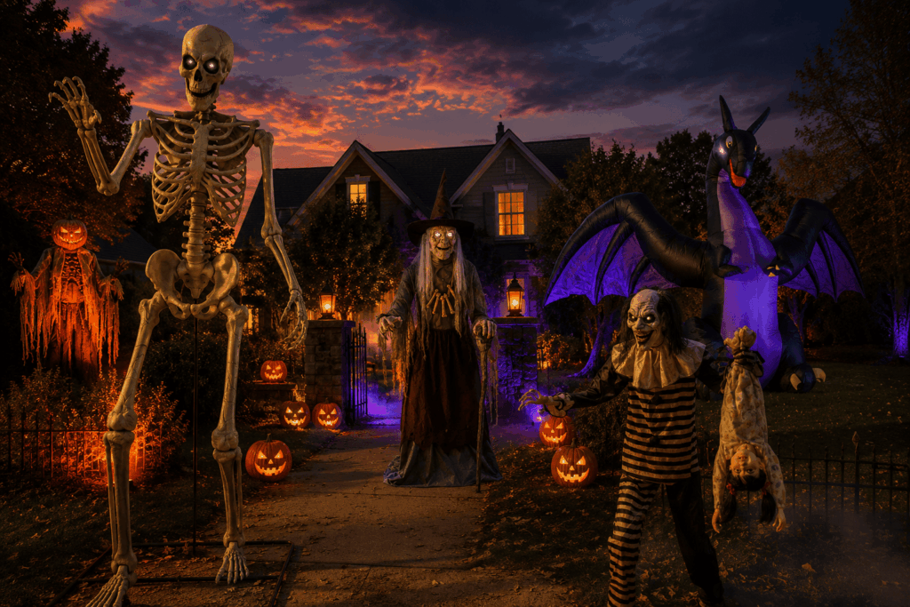 Un jardin décoré pour Halloween avec plusieurs décorations géantes : squelette XXL, sorcière, clown inquiétant, dragon gonflable, personnage citrouille, brume légère et citrouilles lumineuses au crépuscule.