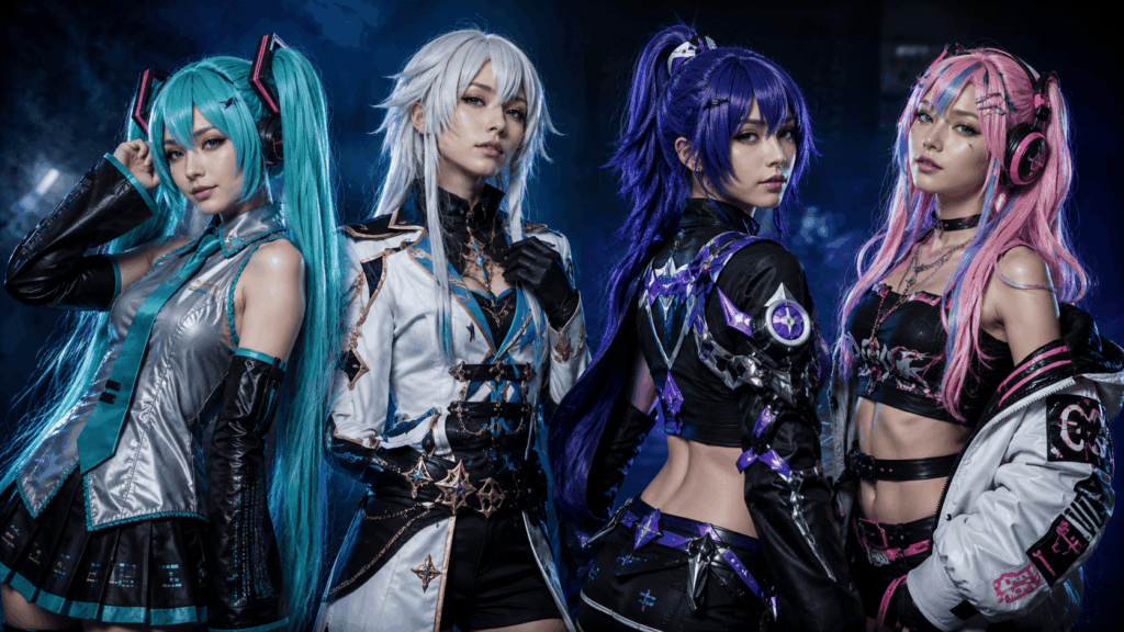 Quatre personnages de cosplay portant des perruques manga et jeux vidéo aux couleurs turquoise, blanche, violette et rose pastel.