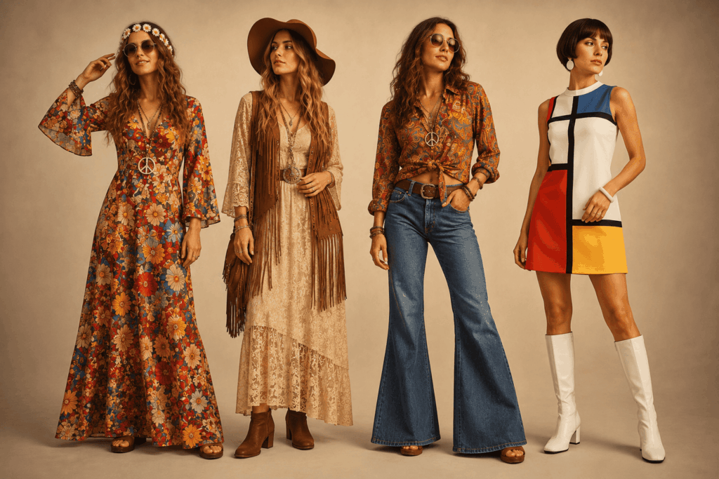 Quatre femmes présentent différents looks rétro pour déguisement hippie et années 60-70 : robe flower power, tenue bohème à franges, pantalon pattes d’éléphant avec chemise psychédélique et robe Mod géométrique avec bottes blanches.