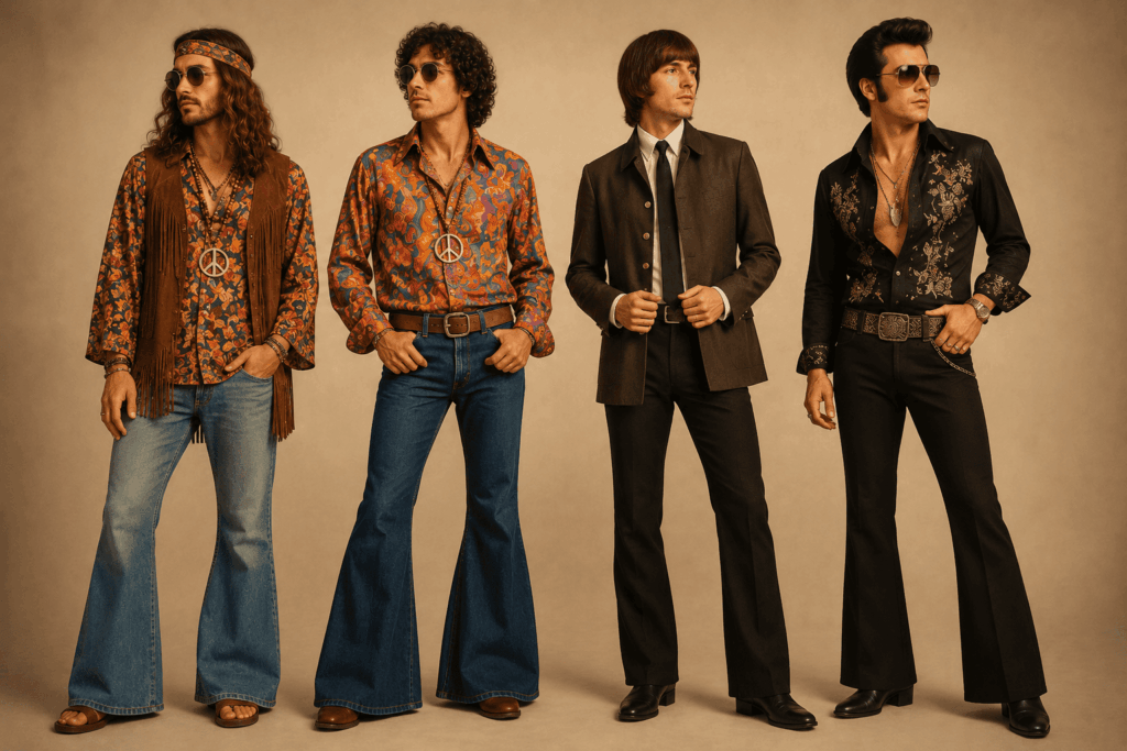 Quatre hommes présentent différents looks rétro masculins pour une soirée années 60-70 : style Woodstock avec gilet à franges, chemise psychédélique flower power, costume Fab Four inspiré des Beatles et tenue rock années 70.