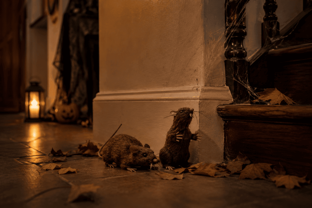 Rats Halloween décoratifs au pied d’un escalier avec feuilles mortes et lanterne.