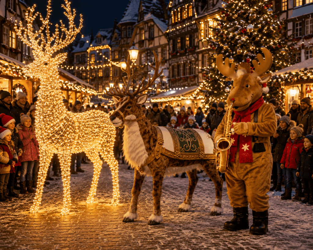Renne lumineux géant, renne automate et mascotte renne dans un marché de Noël