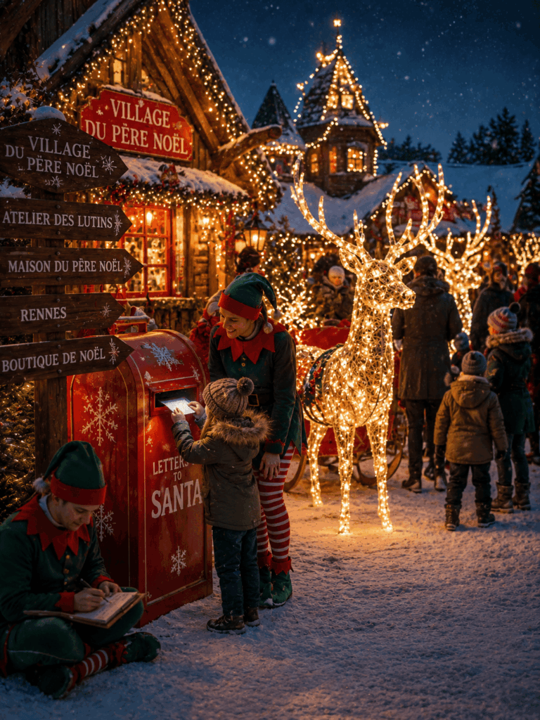 Village du Père Noël dans un marché de Noël enneigé, avec lutins, boîte aux lettres du Père Noël, visiteurs et rennes lumineux installés au cœur du décor.