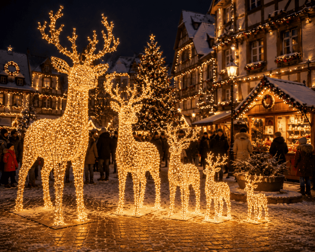 Plusieurs rennes lumineux de différentes tailles sont installés dans un village de Noël enneigé, avec chalets décorés, sapin illuminé et ambiance festive.