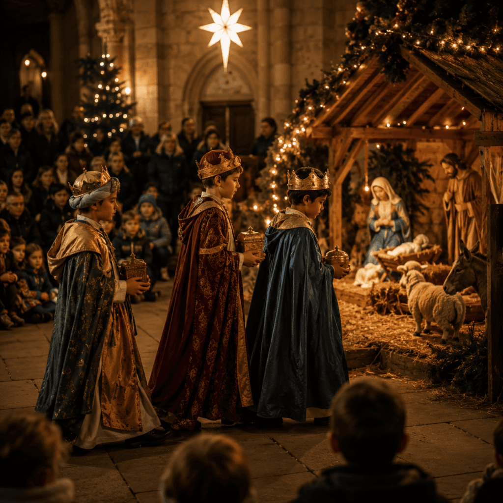 Trois enfants déguisés en Rois mages avancent vers une crèche vivante dans une église décorée pour Noël, guidés par une étoile lumineuse devant les familles rassemblées.