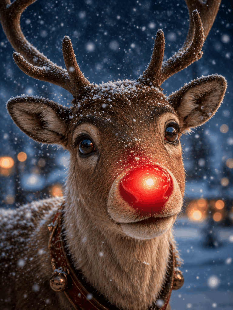Portrait rapproché de Rudolph, le renne au nez rouge lumineux, sous la neige avec un regard expressif et une ambiance de Noël féerique.