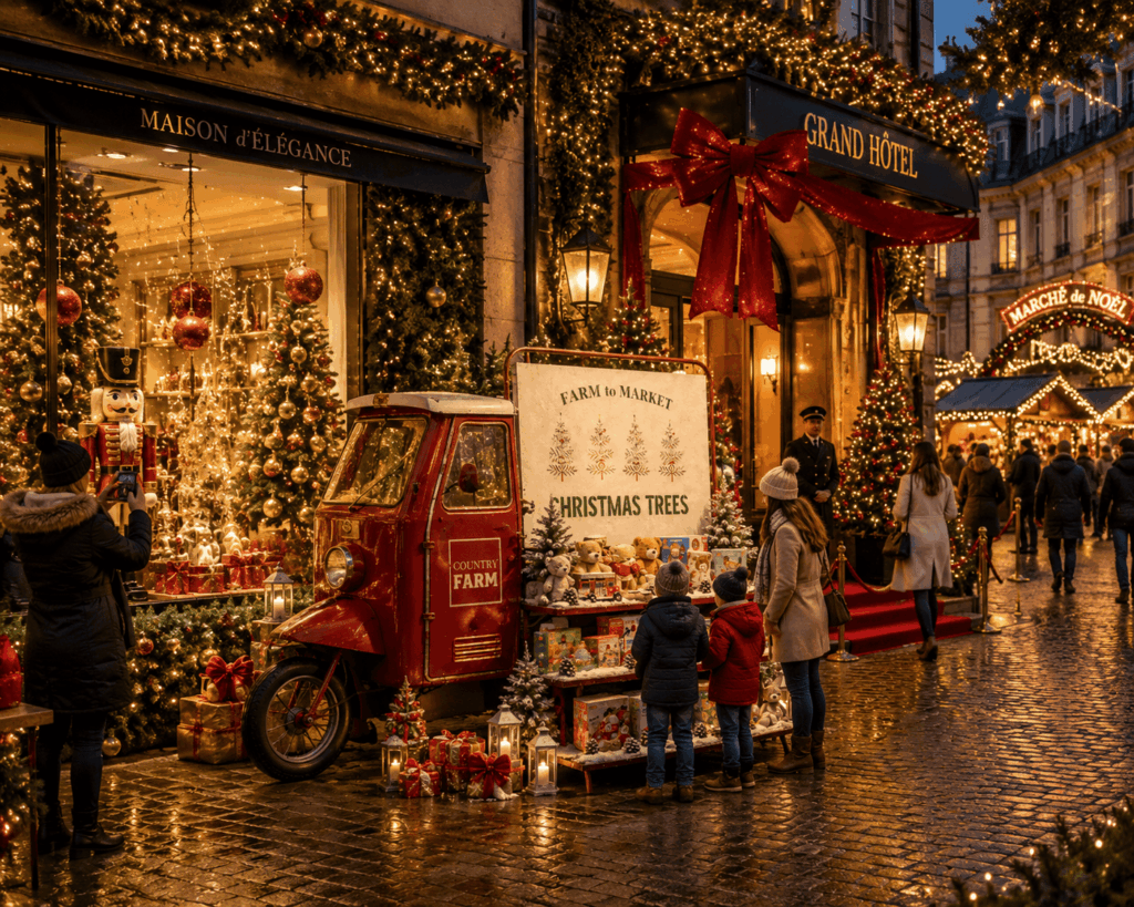 Décoration de Noël professionnelle dans une rue commerçante animée avec vitrine illuminée, entrée d’hôtel décorée, marché de Noël en arrière-plan et présentoir camion vintage. Une scène festive qui montre comment un décor de Noël peut attirer les passants, créer une expérience et donner envie d’entrer.