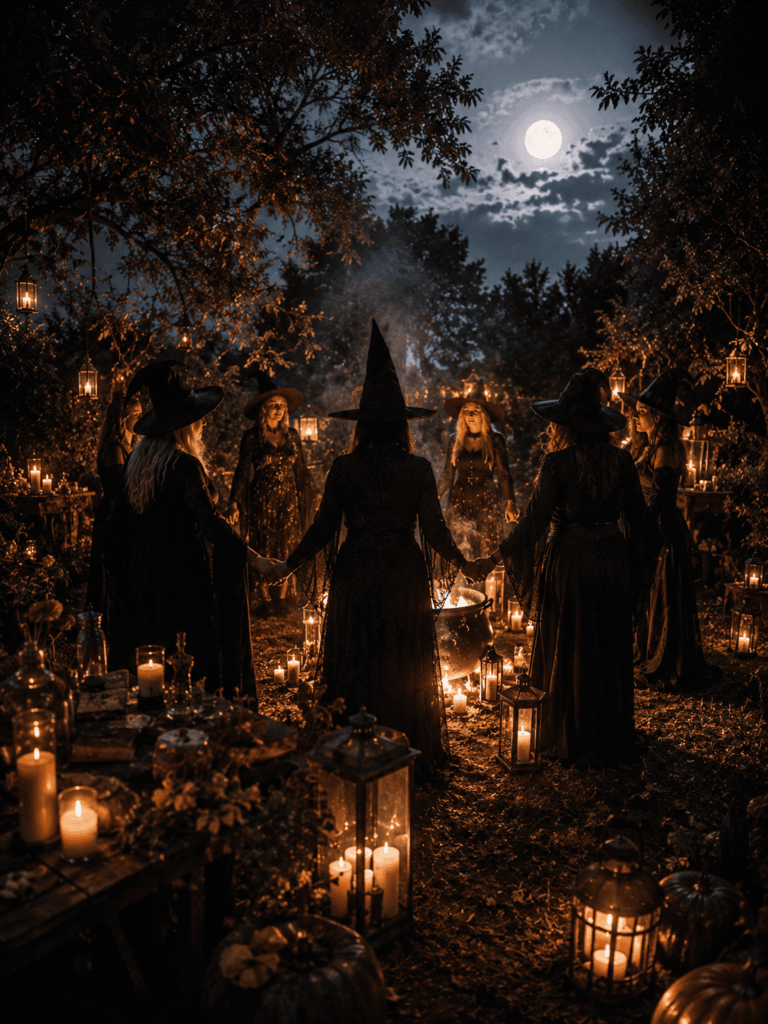 Plusieurs sorcières réunies autour d'un chaudron lumineux dans un jardin décoré pour Halloween, avec lanternes, bougies, brume et pleine lune.