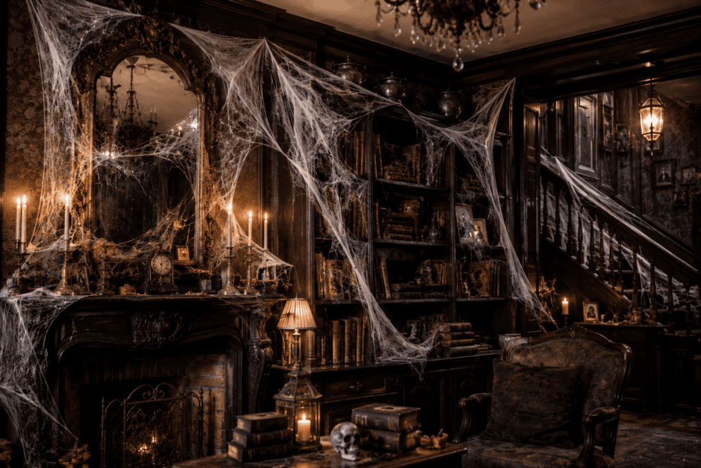 Intérieur de style manoir ancien avec fausses toiles d’araignée blanches installées dans les angles, autour d’un grand miroir, sur une bibliothèque sombre et près d’un escalier.