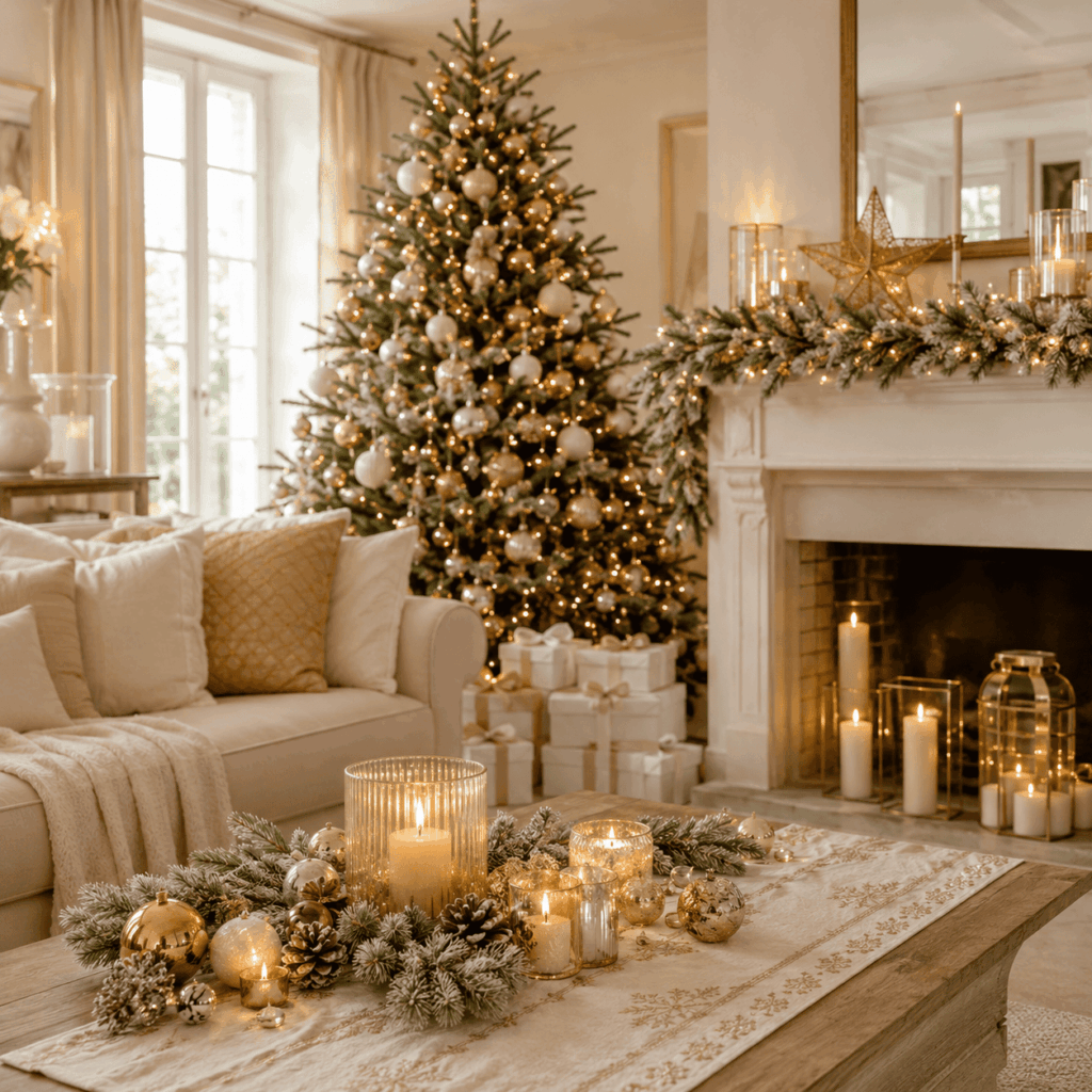 Salon familial lumineux décoré dans un style Noël blanc et or, avec grand sapin naturel orné de boules blanches, champagne et dorées, cheminée habillée d’une guirlande de sapin, bougies, cadeaux sobres et table basse décorée.